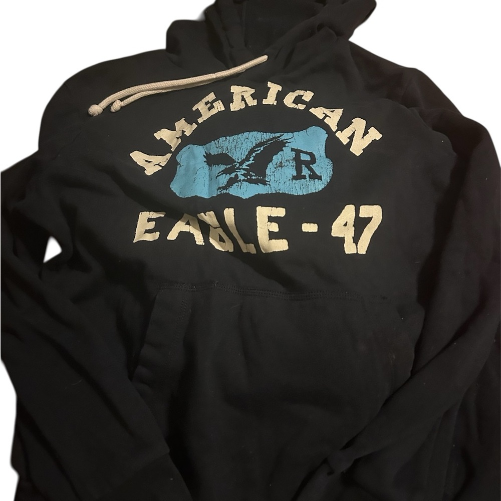 American Eagle Outfitters Black Hoodie with Blue and White Logo